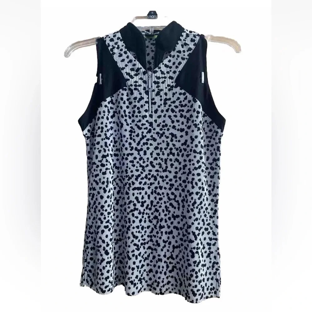 Jamie Sadock Sz S Black White Leopard Print Sleeveless 1/4 Zip Collar Golf Top